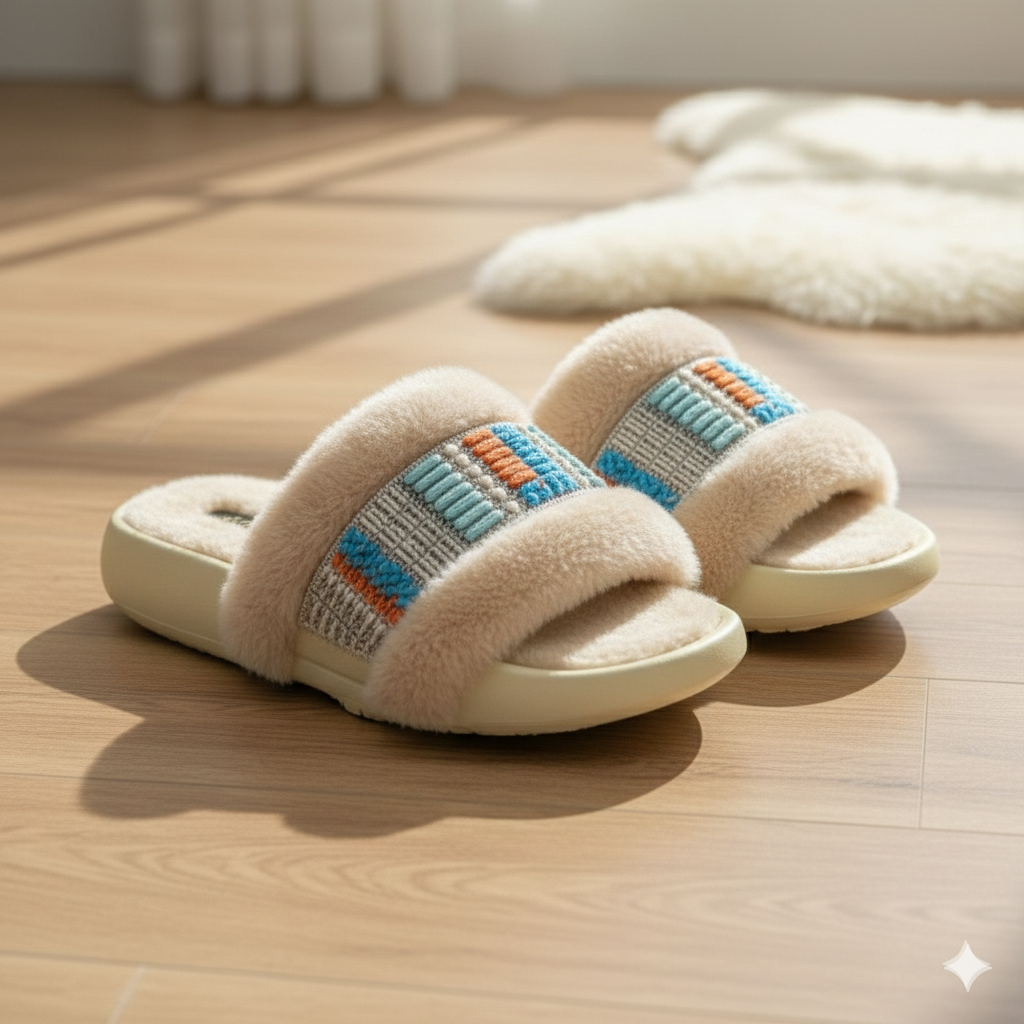 Pantoufles d'hiver pour femmes, douces et moelleuses, à bride perlée, sandales plates chaudes