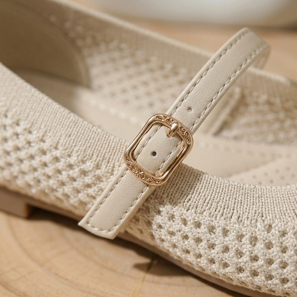 Women’s Breathable Knit Mary Jane Flats with Adjustable Strap – Casual Comfort Shoes
