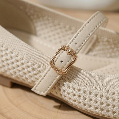 Women’s Breathable Knit Mary Jane Flats with Adjustable Strap – Casual Comfort Shoes