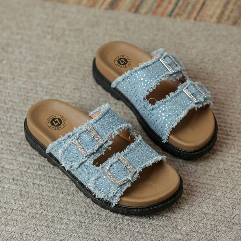 Women’s Rhinestone Denim Double-Buckle Slides – Stylish Comfort Sandals