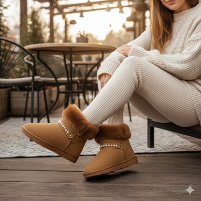 Women’s Cozy Fur Ankle Boots with Pearl Detail – Warm Winter Comfort