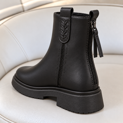 Bottines élégantes pour femme avec finition aspect cuir lisse, détails décoratifs en forme de feuille, bout arrondi et petit talon – Un style intemporel pour le quotidien 