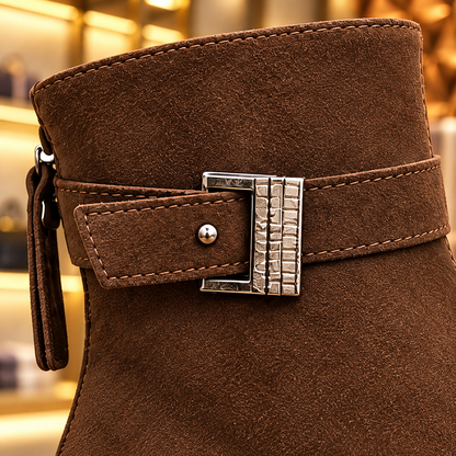 Women’s Elegant Suede-Look Ankle Boots with Decorative Buckle Strap, Zip Closure and Chunky Sole – A Timeless Style for Effortless Autumn and Winter Outfits