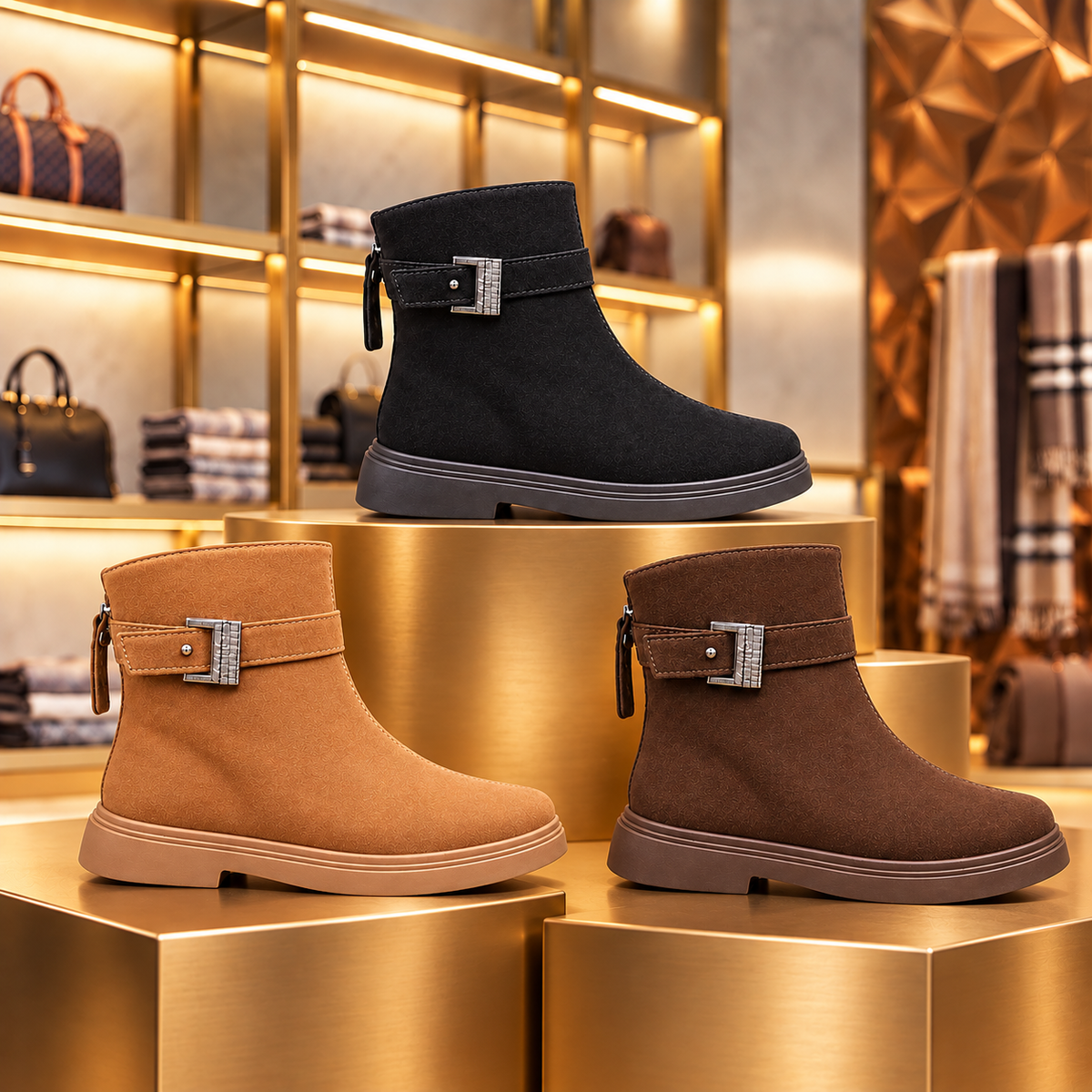 Women’s Elegant Suede-Look Ankle Boots with Decorative Buckle Strap, Zip Closure and Chunky Sole – A Timeless Style for Effortless Autumn and Winter Outfits