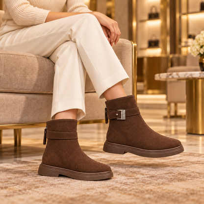 Women’s Elegant Suede-Look Ankle Boots with Decorative Buckle Strap, Zip Closure and Chunky Sole – A Timeless Style for Effortless Autumn and Winter Outfits