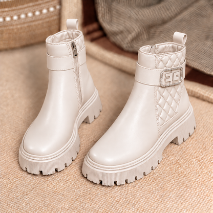 Bottines élégantes matelassées pour femme avec boucle décorative et semelle crantée épaisse