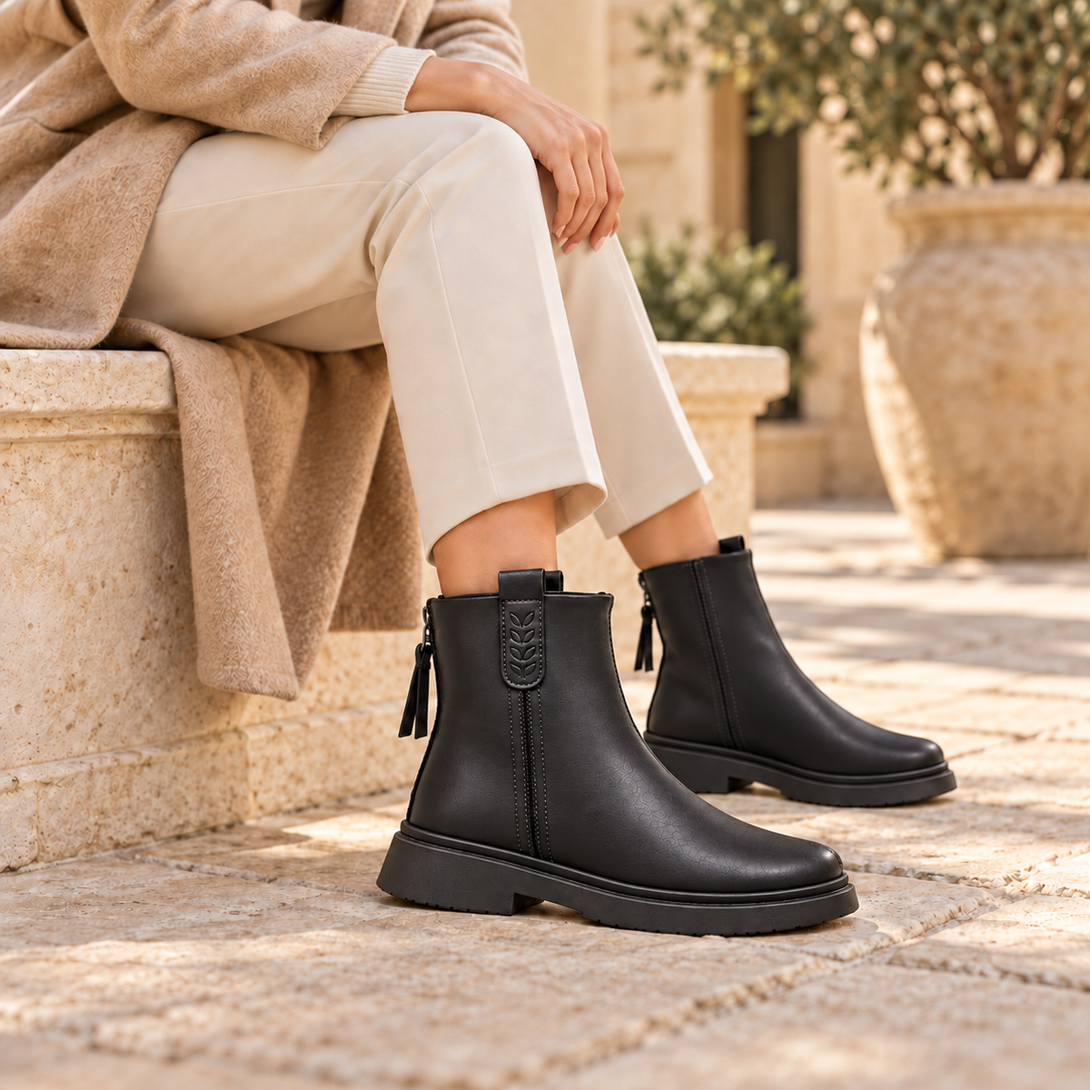 Bottines élégantes pour femme avec finition aspect cuir lisse, détails décoratifs en forme de feuille, bout arrondi et petit talon – Un style intemporel pour le quotidien 