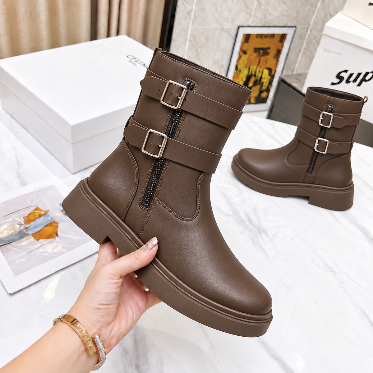 Women’s Elegant Double-Buckle Boots with Side Zip, Rounded Toe and Low Block Heel – Timeless Everyday Style