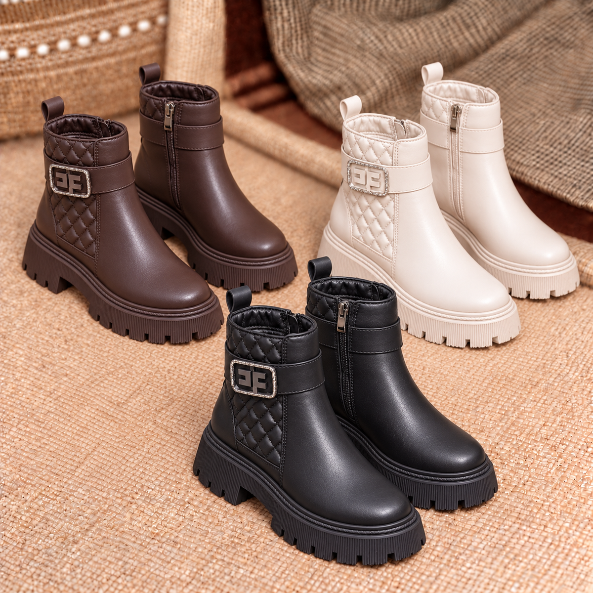 Bottines élégantes matelassées pour femme avec boucle décorative et semelle crantée épaisse
