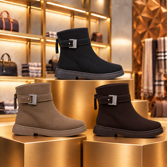 Bottines élégantes effet daim pour femme avec bride à boucle décorative, fermeture zippée et semelle épaisse – Un style intemporel pour des tenues d'automne et d'hiver faciles à porter