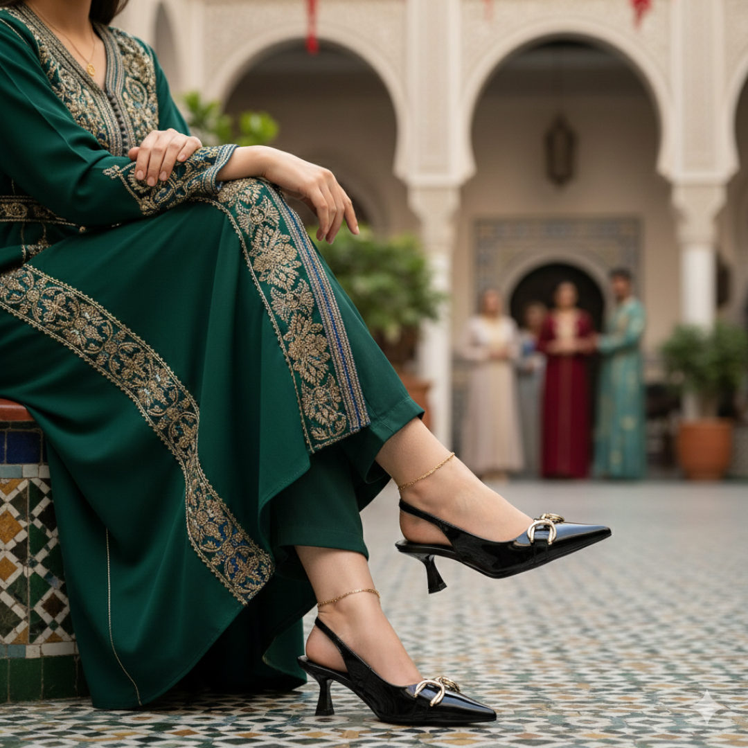 Elegant Pointed-Toe Slingback Heels with Gold Accent