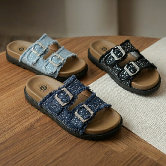 Sandales à double boucle en jean et strass pour femme – Confort et style