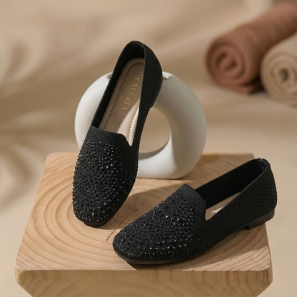 Women’s Rhinestone Slip-On Ballet Flats – Comfortable Knit Loafers for Casual & Party Wear