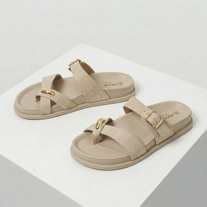 Women's Comfort Buckle Toe Ring Flat Slides | Casual Slip-On Sandals
