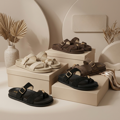 Women's Comfort Buckle Toe Ring Flat Slides | Casual Slip-On Sandals
