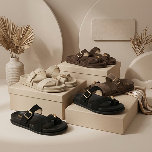 Women's Comfort Buckle Toe Ring Flat Slides | Casual Slip-On Sandals