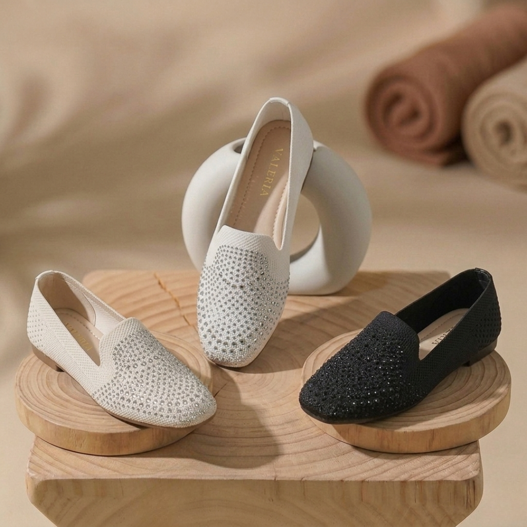 Women’s Rhinestone Slip-On Ballet Flats – Comfortable Knit Loafers for Casual & Party Wear