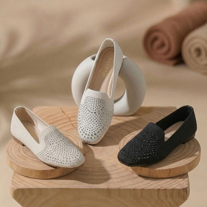 Women’s Rhinestone Slip-On Ballet Flats – Comfortable Knit Loafers for Casual & Party Wear