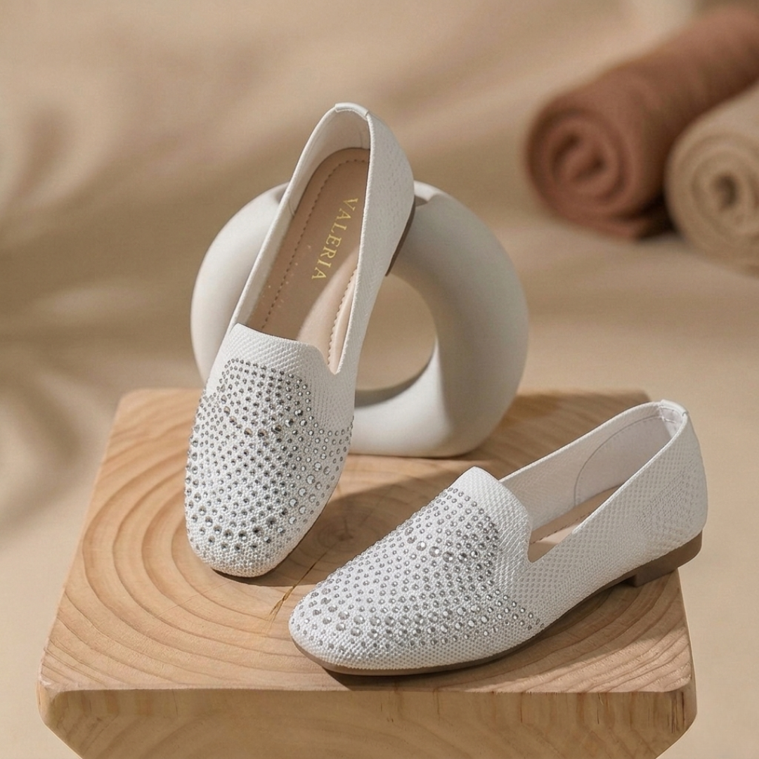 Women’s Rhinestone Slip-On Ballet Flats – Comfortable Knit Loafers for Casual & Party Wear