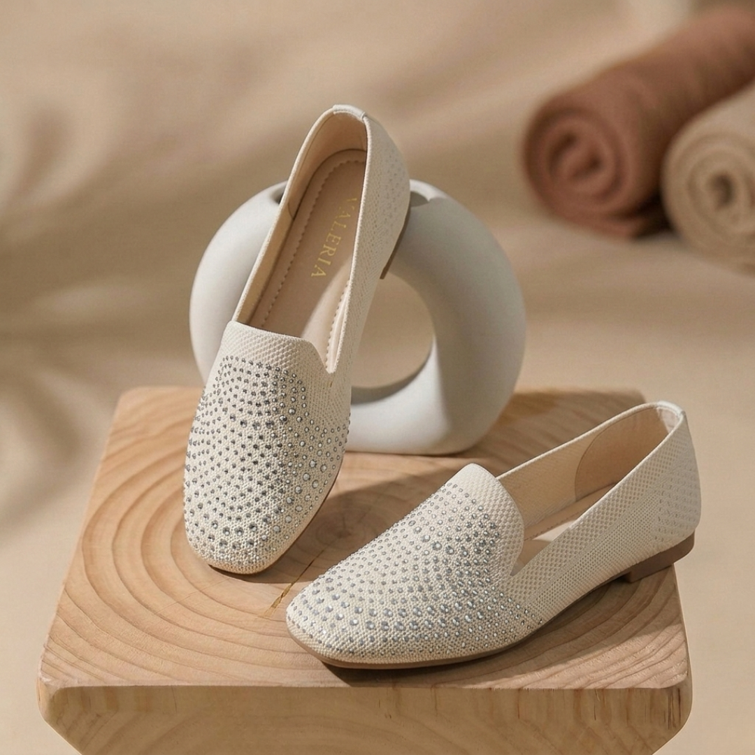 Women’s Rhinestone Slip-On Ballet Flats – Comfortable Knit Loafers for Casual & Party Wear