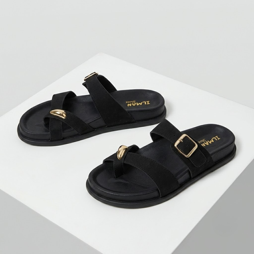 Women's Comfort Buckle Toe Ring Flat Slides | Casual Slip-On Sandals