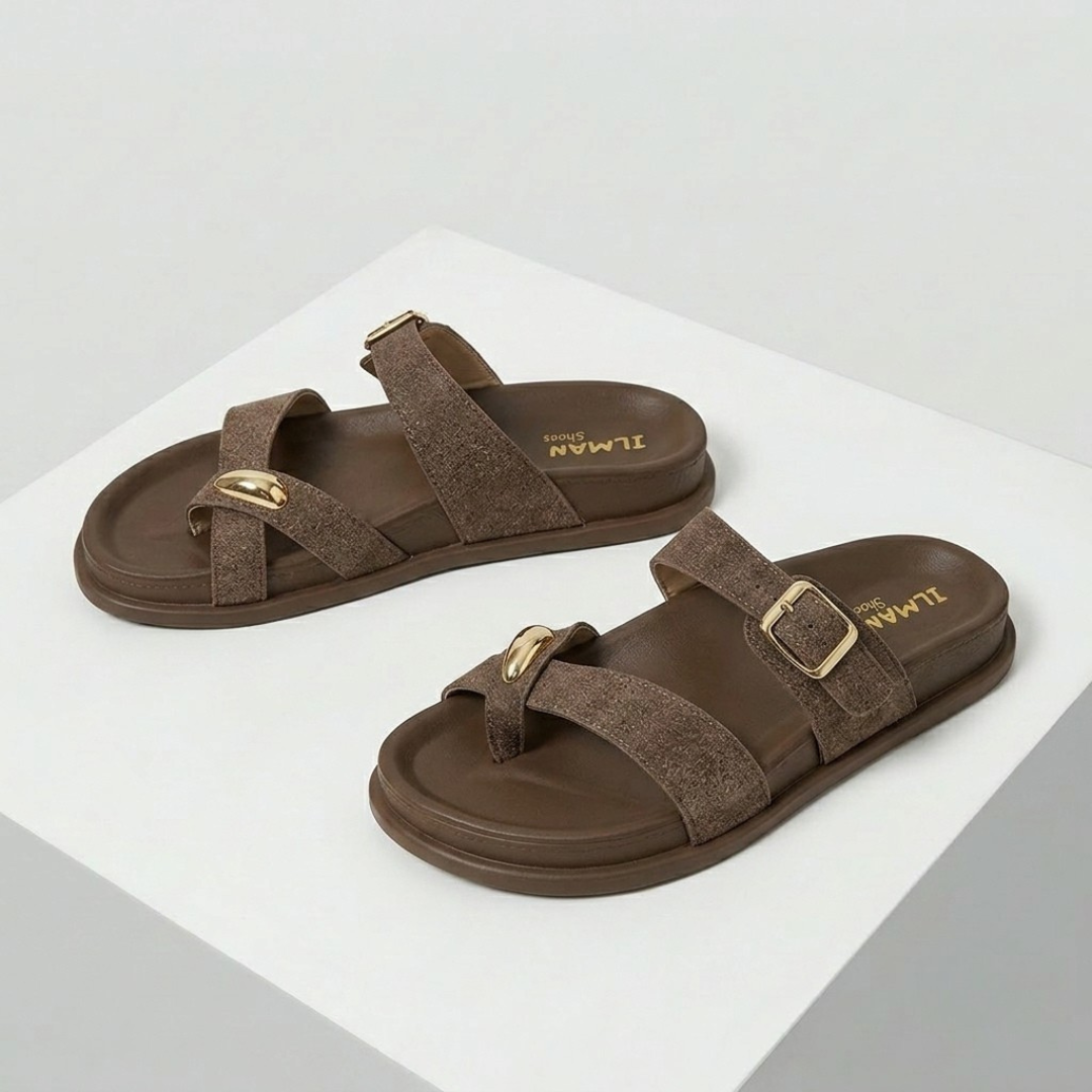Women's Comfort Buckle Toe Ring Flat Slides | Casual Slip-On Sandals