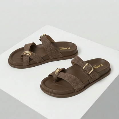 Women's Comfort Buckle Toe Ring Flat Slides | Casual Slip-On Sandals