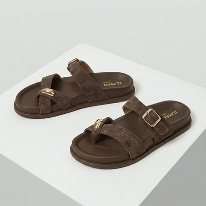 Women's Comfort Buckle Toe Ring Flat Slides | Casual Slip-On Sandals