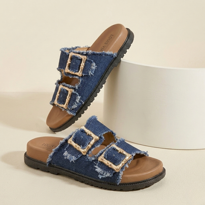 Sandales coulissantes à double boucle en jean pour femme – Confort chic et décontracté