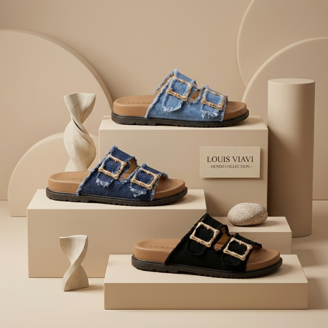 Sandales coulissantes à double boucle en jean pour femme – Confort chic et décontracté