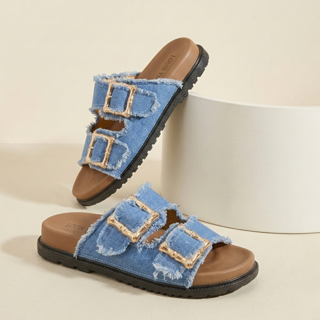 Sandales coulissantes à double boucle en jean pour femme – Confort chic et décontracté