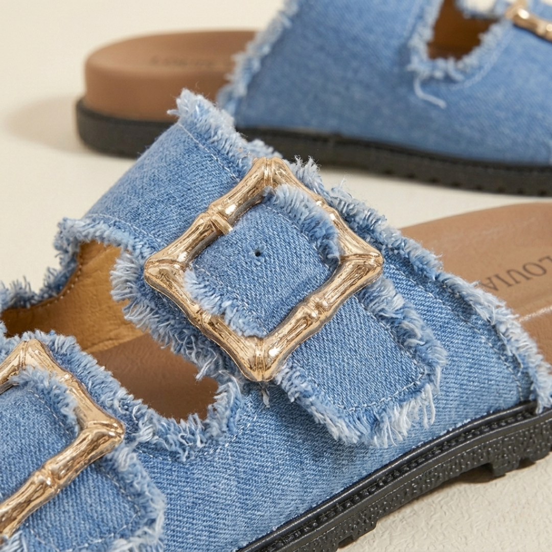 Sandales coulissantes à double boucle en jean pour femme – Confort chic et décontracté