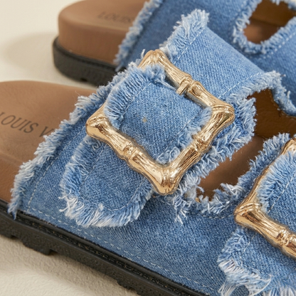 Sandales coulissantes à double boucle en jean pour femme – Confort chic et décontracté