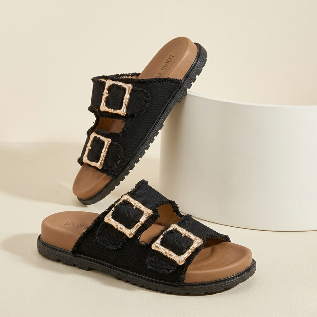 Sandales coulissantes à double boucle en jean pour femme – Confort chic et décontracté