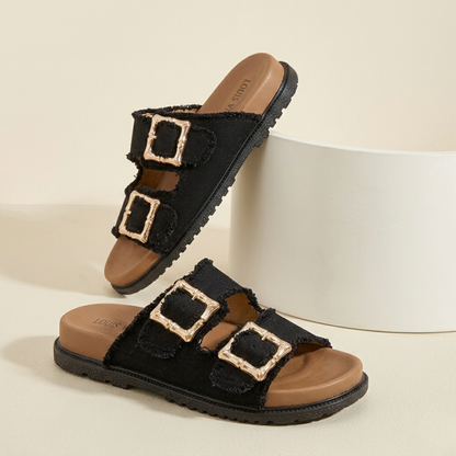 Sandales coulissantes à double boucle en jean pour femme – Confort chic et décontracté