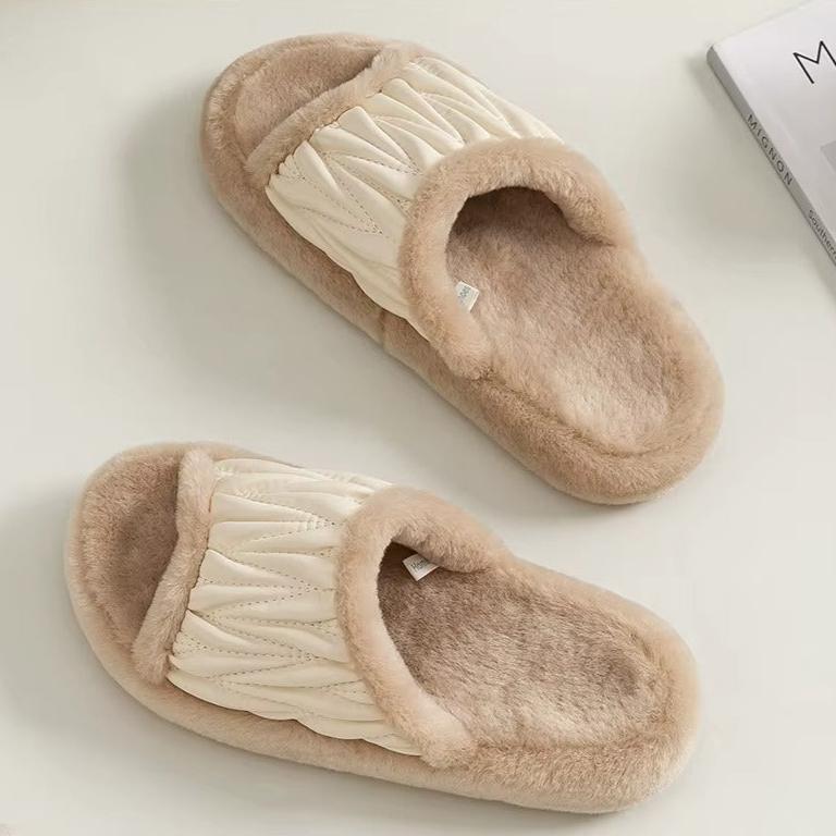 "شبشب نسائي دافئ في الشتاء من قماش جلدي وتصميم مبطن ونعل خارجي مضاد للانزلاق ومريح للمنزل والمكتب."