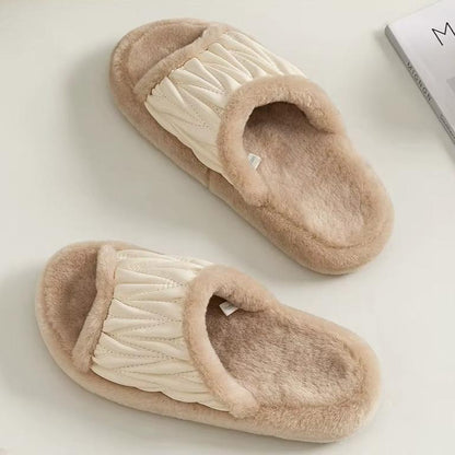 "شبشب نسائي دافئ في الشتاء من قماش جلدي وتصميم مبطن ونعل خارجي مضاد للانزلاق ومريح للمنزل والمكتب."