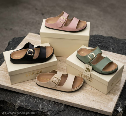 irranova Luxury Double Buckle Women's Sandals - Soft Leather Comfort Slides, Summer Flat Beach Shoes, Elegant Footwear for Women