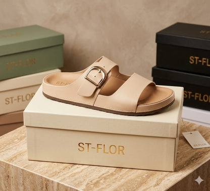 irranova Luxury Double Buckle Women's Sandals - Soft Leather Comfort Slides, Summer Flat Beach Shoes, Elegant Footwear for Women