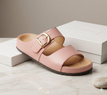 irranova Luxury Double Buckle Women's Sandals - Soft Leather Comfort Slides, Summer Flat Beach Shoes, Elegant Footwear for Women