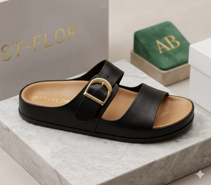 irranova Luxury Double Buckle Women's Sandals - Soft Leather Comfort Slides, Summer Flat Beach Shoes, Elegant Footwear for Women