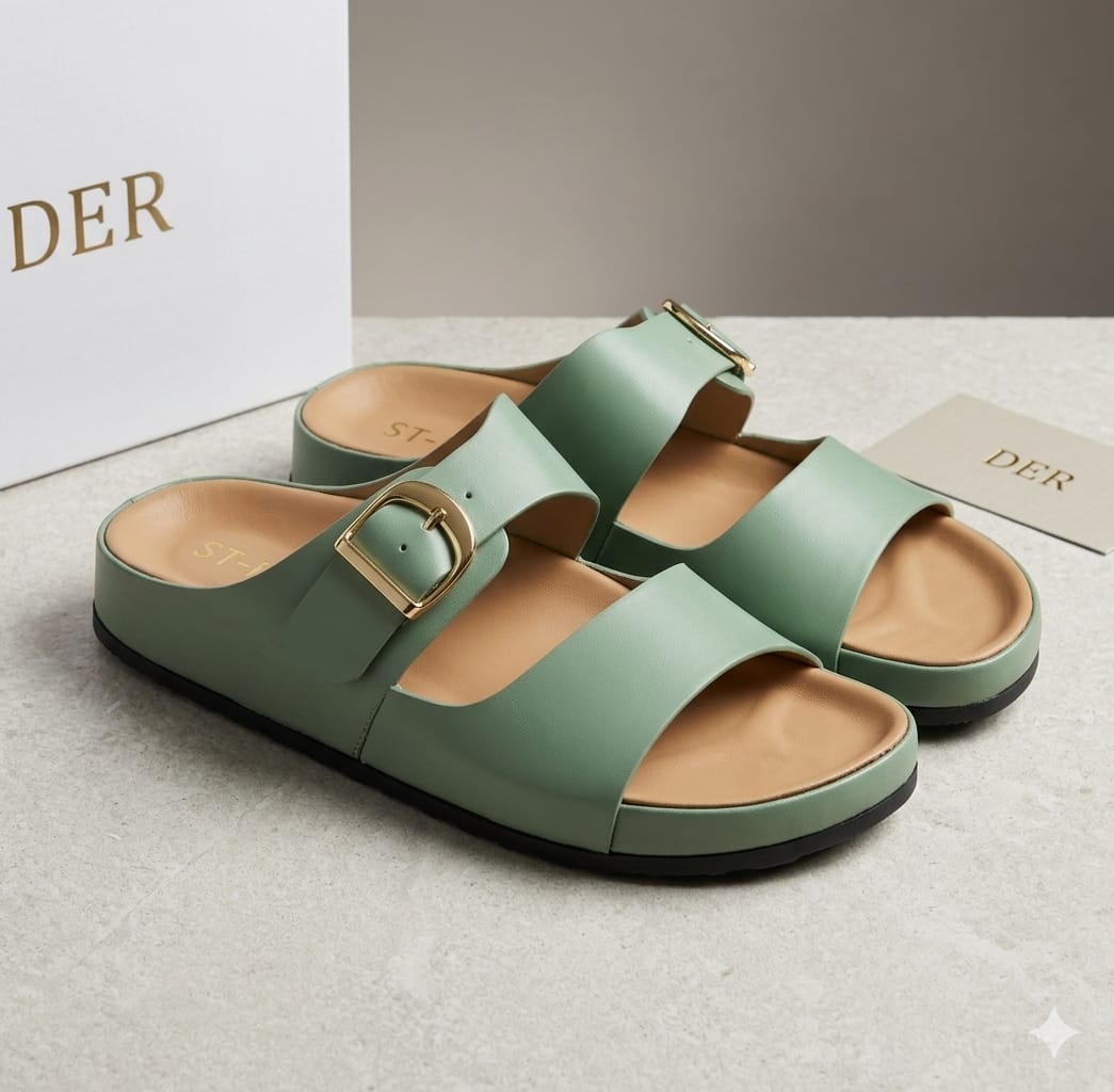 irranova Luxury Double Buckle Women's Sandals - Soft Leather Comfort Slides, Summer Flat Beach Shoes, Elegant Footwear for Women
