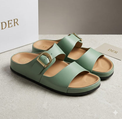 irranova Luxury Double Buckle Women's Sandals - Soft Leather Comfort Slides, Summer Flat Beach Shoes, Elegant Footwear for Women