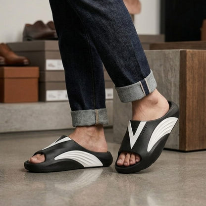 Fashion Sporty Slides for Men – Casual Designer Summer Beach Sandals – Breathable Soft Sole Home Slippers with Contrast Color V-Logo