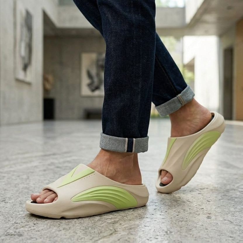Fashion Sporty Slides for Men – Casual Designer Summer Beach Sandals – Breathable Soft Sole Home Slippers with Contrast Color V-Logo