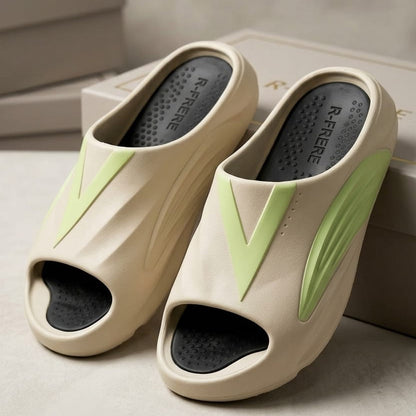 Fashion Sporty Slides for Men – Casual Designer Summer Beach Sandals – Breathable Soft Sole Home Slippers with Contrast Color V-Logo