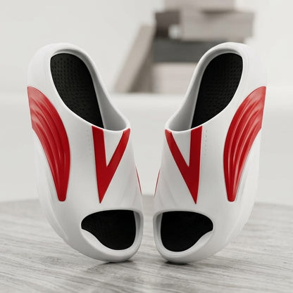 Fashion Sporty Slides for Men – Casual Designer Summer Beach Sandals – Breathable Soft Sole Home Slippers with Contrast Color V-Logo