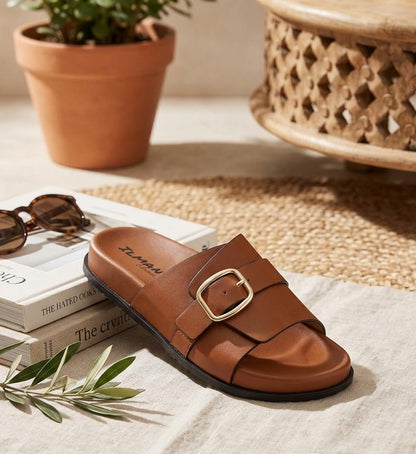 Sandales plates élégantes pour femme avec boucle dorée – Chaussures d'été douces et confortables ✨ 