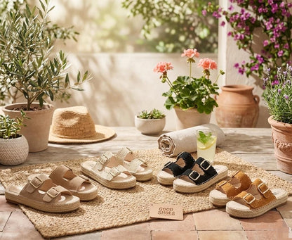 Women’s Bohemian Espadrille Platform Slide Sandals – Double Buckle Open Toe Summer Slippers