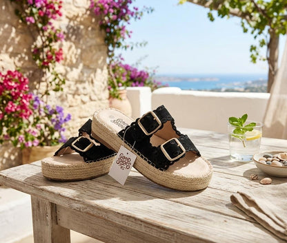 Women’s Bohemian Espadrille Platform Slide Sandals – Double Buckle Open Toe Summer Slippers